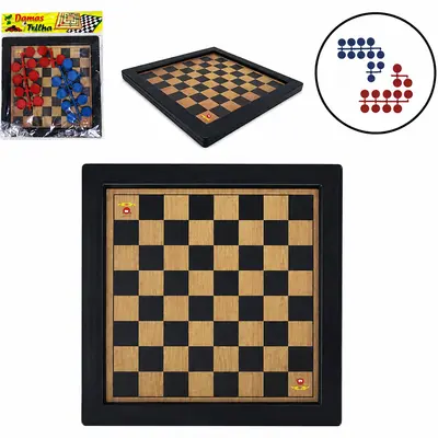 JOGO DE DAMA E TRILHA DE MADEIRA / PLASTICO 23X23CM NA SOLAPA