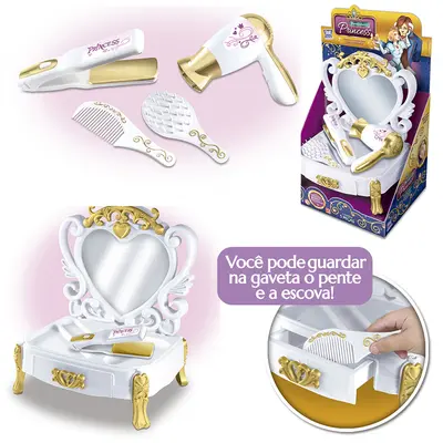 KIT BELEZA INFANTIL COM PENTEADEIRA + SECADOR E ACESSORIOS PRINCESS 5 PECAS NA CAIXA