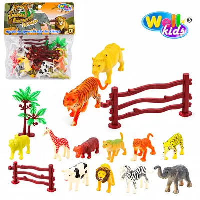 KIT ANIMAL SELVAGEM DE PLASTICO ANIMAIS INCRIVEIS COM ACESSORIOS 15 PECAS WELLKIDS
