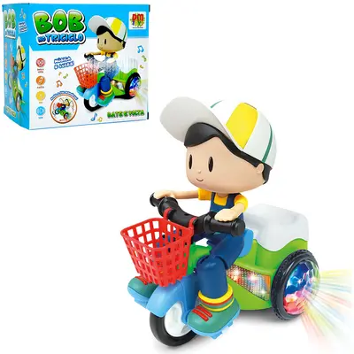BONECO BOB NO TRICICLO BATE E VOLTA COM SOM E LUZ COLORS A PILHA NA CAIXA