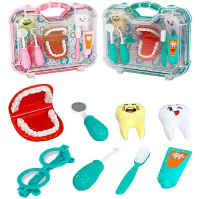 KIT MEDICO INFANTIL DENTISTA COM BOCA + ESCOVA E ACESSORIOS 9 PECAS NA MALETA
