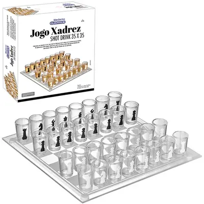 JOGO DE SHOT / JOGO DE XADREZ DRINK TABULEIRO DE VIDRO 35CM COM 32 COPOS 20ML NA CAIXA