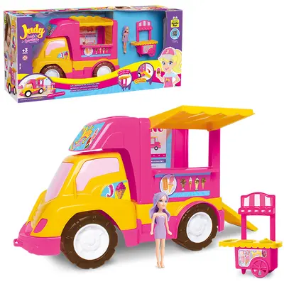 CAMINHAO SORVETERIA JUDY FOOD TRUCK RODA LIVRE COM BONECA + ACESSORIOS 3 PECAS