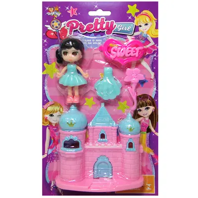 CASA / CASINHA CASTELO COM BONECA TROCA ROUPA DE PLASTICO + ACESSORIO PRETTY GIRL 5 PECAS