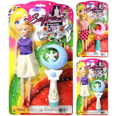 BONECA SAFIRA PRINCESA COM VESTIDO + VARINHA MAGICA / CETRO E ACESSORIOS 4 PECAS