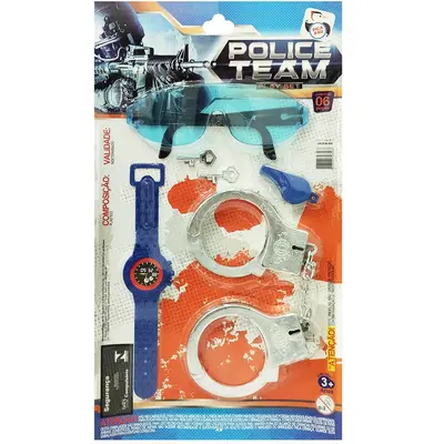 KIT POLICIA COM ALGEMA + OCULOS E ACESSORIOS POLICE TEAM 6 PECAS
