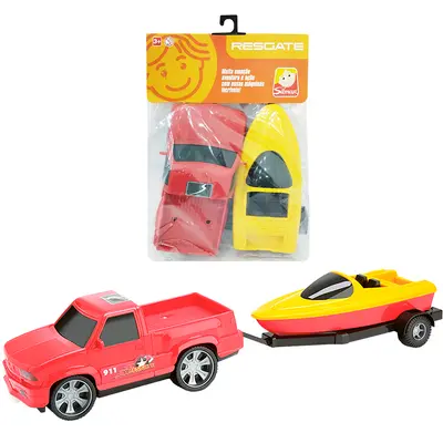 CARRO PICK-UP CAMINHONETE COM CARRETINHA + LANCHA RESGATE RODA LIVRE 25CM