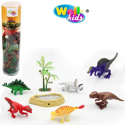 KIT ANIMAL DINOSSAURO DE PLASTICO COM ACESSORIOS 8 PECAS NO TUBO WELLKIDS