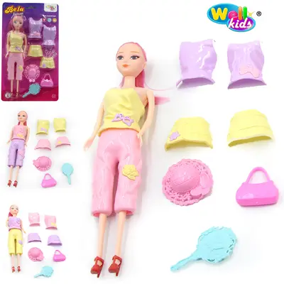 BONECA BELA FASHION TROCA ROUPA COM BOLSA + CHAPEU E ACESSORIOS 8 PECAS