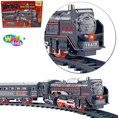 TREM LOCOMOTIVA CLASSICO COM TRILHO SUPER TRILHOS COM LUZ + SOM A PILHA 23 PECAS