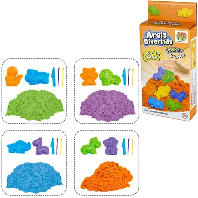 AREIA DE MODELAR DIVERTIDA 150G COM 2 MOLDES POCKET BICHOS + 3 ACESSORIOS