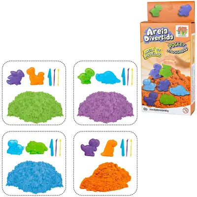 AREIA DE MODELAR DIVERTIDA 150G COM 2 MOLDES POCKET DINOSSAURO + 3 ACESSORIOS