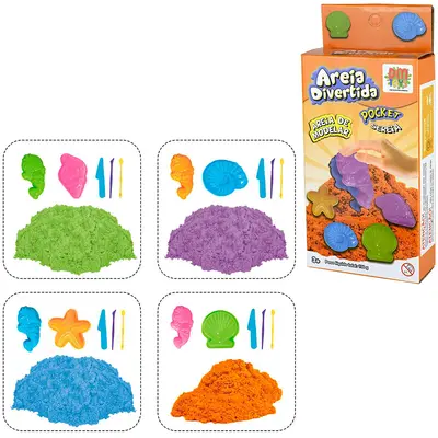 AREIA DE MODELAR DIVERTIDA 150G COM 2 MOLDES POCKET SEREIA + 3 ACESSORIOS
