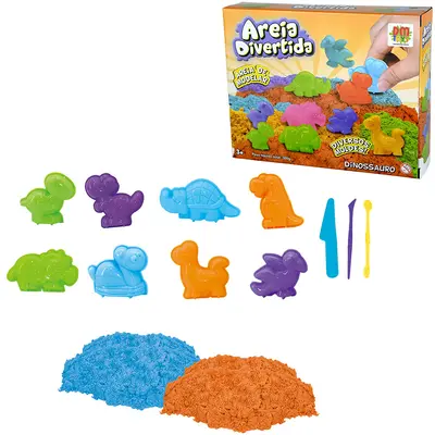 AREIA DE MODELAR DIVERTIDA 300G COM 6 MOLDES DINOSSAURO + 3 ACESSORIOS