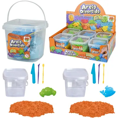AREIA DE MODELAR DIVERTIDA 250G COM MOLDE FUNDO DO MAR + 3 ACESSORIOS NO BALDE