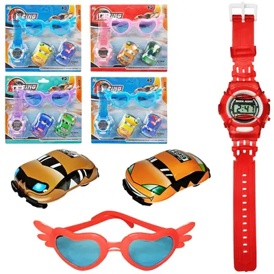 KIT BELEZA INFANTIL COM OCULOS + RELOGIO DE PULSO E 2 CARRO A FRICCAO PULL BACK RACING