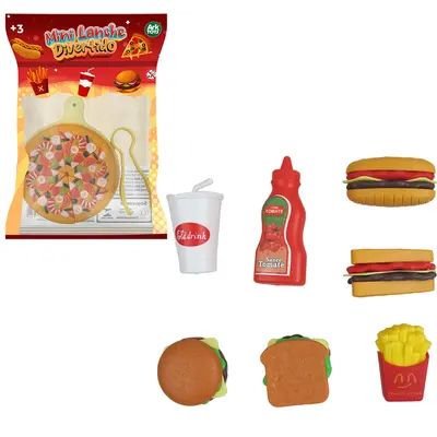 KIT COZINHA INFANTIL MINI LANCHE HAMBURGUER + BATATA FRITA E ACESSORIOS COM 7 PECAS