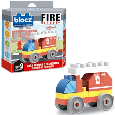BLOCOS DE MONTAR BLOCKS CAMINHAO BOMBEIRO FIRE TRUCK COM 4 ADESIVOS E 9 PECAS