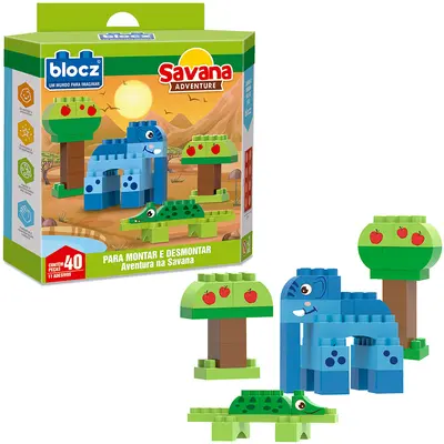 BLOCOS DE MONTAR BLOCKS AVENTURA NA SAVANA ADVENTURE COM 11 ADESIVOS E 40 PECAS
