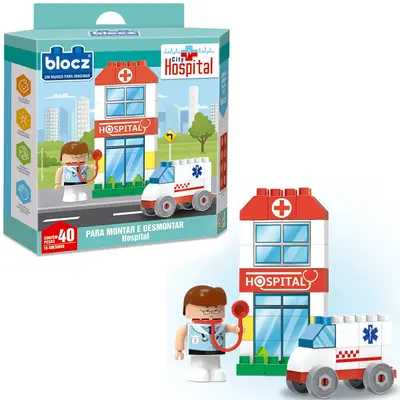 BLOCOS DE MONTAR BLOCKS HOSPITAL COM 15 ADESIVOS E 40 PECAS