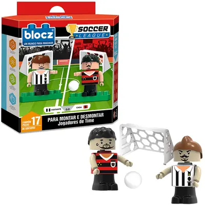 BLOCOS DE MONTAR BLOCKS JOGADORES DE TIME SOCCER LEAGUE COM 4 ADESIVOS E 17 PECAS