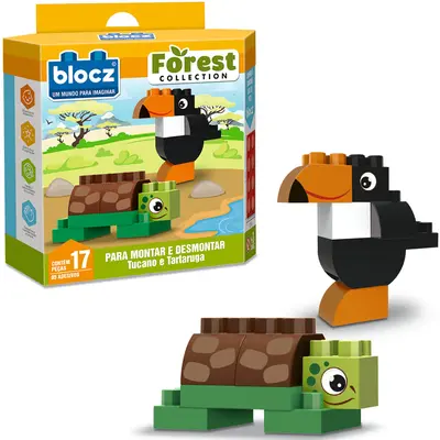 BLOCOS DE MONTAR BLOCKS TUCANO E TARTARUGA FOREST COLLECTION COM 5 ADESIVOS E 17 PECAS
