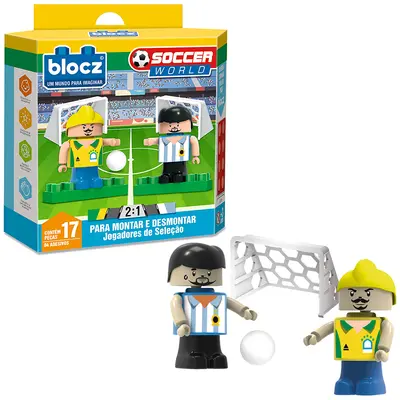 BLOCOS DE MONTAR BLOCKS JOGADORES DE SELECAO SOCCER WORLD COM 4 ADESIVOS E 17 PECAS