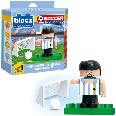 BLOCOS DE MONTAR BLOCKS JOGADOR DE SELECAO SOCCER WORLD COM 2 ADESIVOS E 9 PECAS