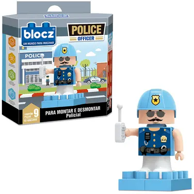 BLOCOS DE MONTAR BLOCKS POLICIAL OFFICER COM 3 ADESIVOS E 9 PECAS