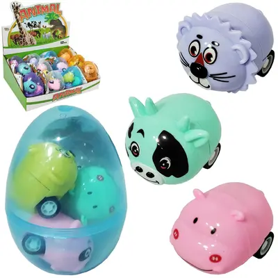 MINI CARRO BICHINHO A FRICCAO PULL BACK ANIMAL COM 3 PECAS NA CAPSULA