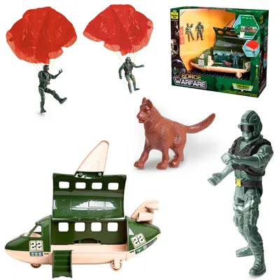 AVIAO MILITAR FORCE WARFARE + 3 BONECO SOLDADO COM PARAQUEDAS E CACHORRO