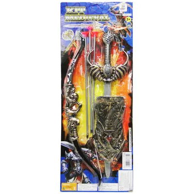 KIT MEDIEVAL ARCO E FLECHA COM 3 VENTOSAS + ESPADA E ACESSORIOS 6 PECAS NA CARTELA