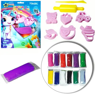 MASSINHA DE MODELAR UNICORNIO COM 20 CORES 300GR + 6 MOLDES E ROLO DE MASSA