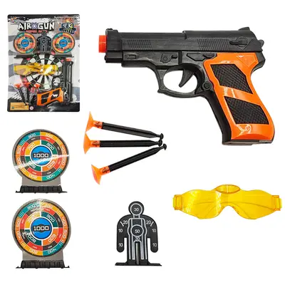 PISTOLA / REVOLVER LANCA DARDO VENTOSA COM 3 DARDOS + OCULOS E ALVOS AIROGUN SUPER ALVO 8 PECAS