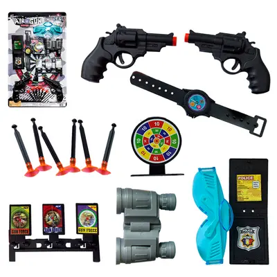 PISTOLA / REVOLVER LANCA DARDO VENTOSA DUPLA COM 6 DARDOS + OCULOS E ACESSORIOS AIROGUN SUPER ALVO 14 PECAS