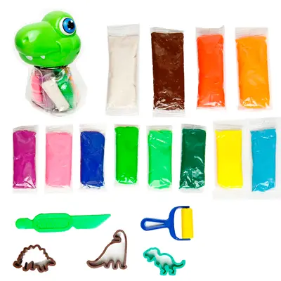 MASSINHA DE MODELAR COM 12 CORES 180G + 5 ACESSORIOS NO COFRE DINOSSAURO