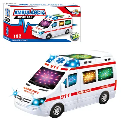CARRO BATE E VOLTA AMBULANCIA AMBULANCE COM SOM E LUZ 3D A PILHA