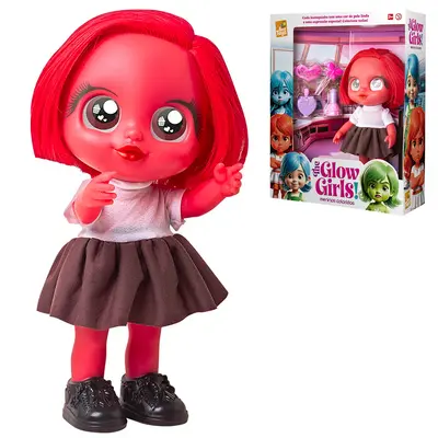 BONECA GLOW GIRLS! VERMELHA RUBY COM 2 PRESILHAS + ACESSORIOS 5 PECAS
