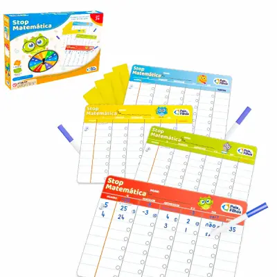 JOGO STOP MATEMATICA COM ROLETA + 4 CARTELAS + 4 CANETAS E 4 APAGADORES