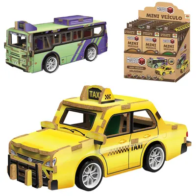 QUEBRA CABECA DE MADEIRA MDF 3D MINI VEICULO TAXI A FRICCAO PULL BACK 22 PECAS