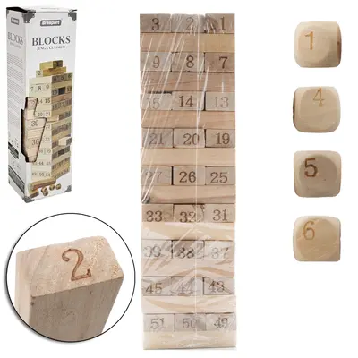 JOGO CAIU PERDEU BLOCKS JENGA CLASSICO BRASPORT DE MADEIRA COM 54 PECAS + 4 DADOS