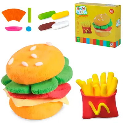 MASSINHA DE MODELAR MOLDE E CRIE HAMBURGUER COM 4 CORES 20G + ACESSORIOS 8 PECAS