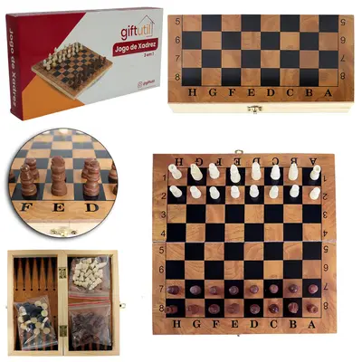 JOGO 3 EM 1 XADREZ 32 PECAS + DAMA E GAMAO 30 PECAS + 2 DADOS E TABULEIRO DE MADEIRA 23,5X23,5CM