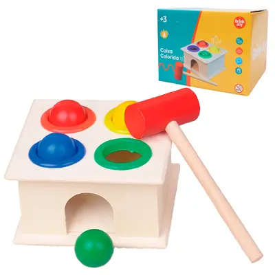 BRINQUEDO EDUCATIDO CAIXA COLORIDA BATE BOLAS DE MADEIRA COM MARTELO BRINK JOY