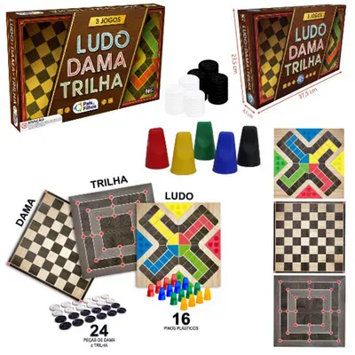JOGO LUDO DAMA E TRILHA COM 3 TABULEIROS E ACESSORIOS