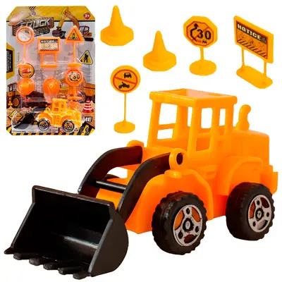 KIT VEICULO CONSTRUCAO COM TRATOR PA CARREGADEIRA A FRICCAO PULL BACK + ACESSORIOS TRUCK 7 PECAS