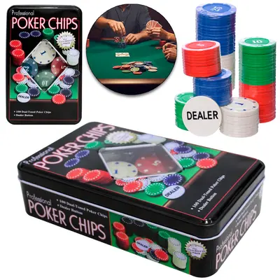 FICHA DE POKER COM 100 FICHAS + DEALER POKER CHIPS NA LATA