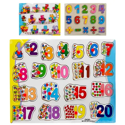 TABULEIRO DIDATICO DE ENCAIXE NUMEROS E SINAIS DE MADEIRA COM PINO 16 PECAS 30X22,5CM
