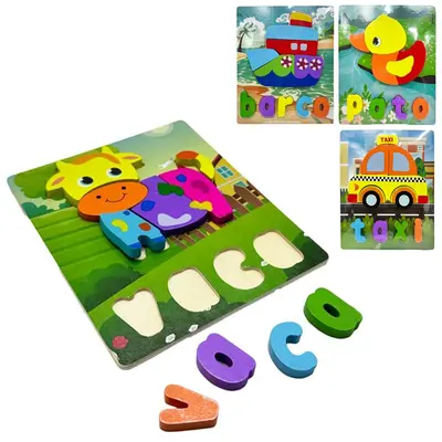TABULEIRO DIDATICO EDUCATIVO QUEBRA CABECA DE ENCAIXE DE MADEIRA COM 11 PECAS 18X15CM