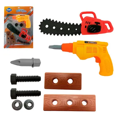 KIT FERRAMENTA INFANTIL COM MOTOSSERRA + FURADEIRA E ACESSORIOS OFICINA DIVERTIDA 9 PECAS